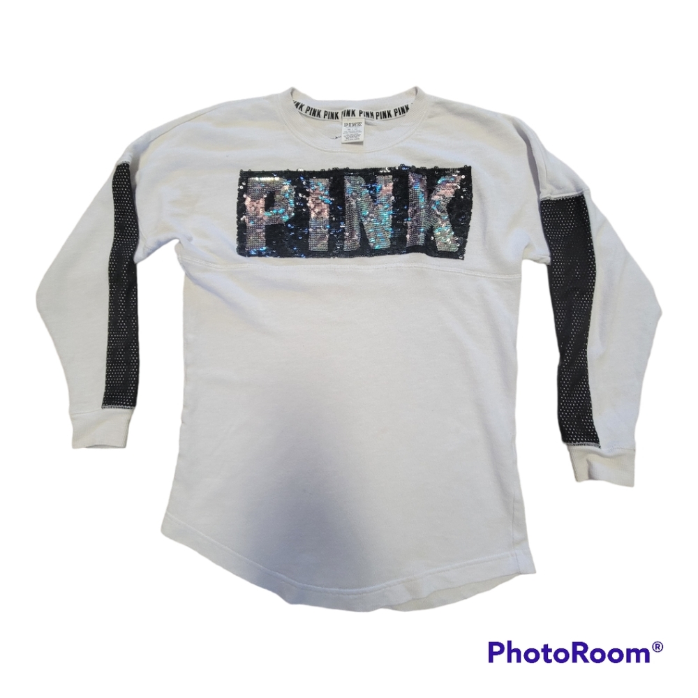 Pink XS White Long Sleeved Shirt Sequins Mesh